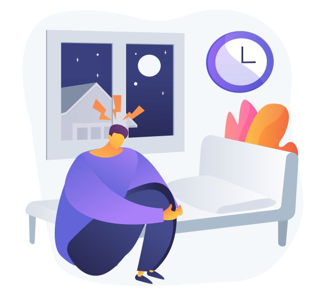 Homme seul le soir près de son lit qui n'arrive pas à trouver le sommeil , qui est perturbé par milles questions dans sa tête.