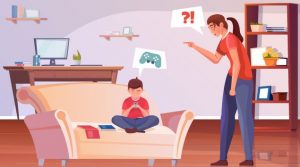 Adolescent sur un canapé, scotché sur les écrans (jeu vidéo, smartphone) sa mère l'interroge sur le temps passé devant cet écran car elle craint une addiction.Conseil Conjugal et Familial à Toulon.