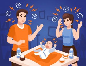 Parents démunis,débordés et épuisés par l'arrivée d'un bébé à la maison.